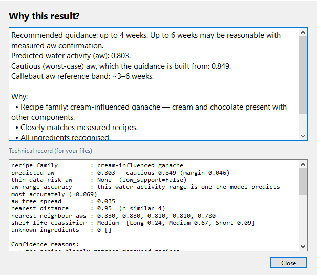 The Predictor explaining which ingredients raised or lowered the water activity of a recipe